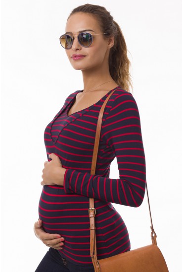 Tee-shirt de grossesse et d'allaitement - Zoé rayures rouges