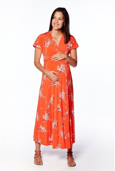 Robe longue kimono de grossesse & allaitement - Rouge de face